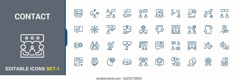 Contact modern icon set. Contains outline symbols like mail, chat, message, call, phone and more. Communication icon set. Minimal icons set. Editable stroke. Pixel Perfect.
