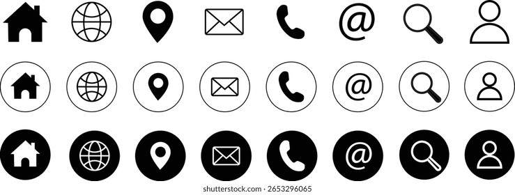 Ícones editáveis de linha de contato e navegação definidos nos estilos de interface do usuário da Web sólido, de estrutura de tópicos e circular