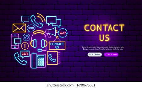 Contact Neon Banner Design. Vector Illustration of Business Promotion.
