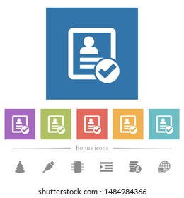 Contact ok flat white icons in square backgrounds. 6 bonus icons included.