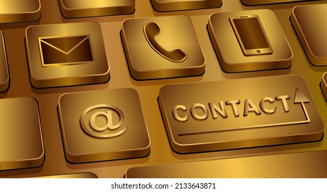 Contact on the keyboard button. The inscription contact on the golden keyboard, vector graphics