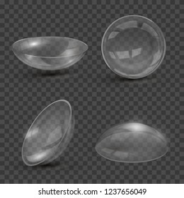 Contact optical lens closeup, realistic style set. Medical device worn to correct vision, cosmetic or therapeutic help. Vector illustration