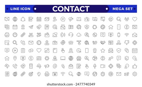 Contact outline Icons.Contact symbols - Phone, mail, fax, info, e-mail, support.Containing e-mail, phone, address, customer service, call, website and more. 
