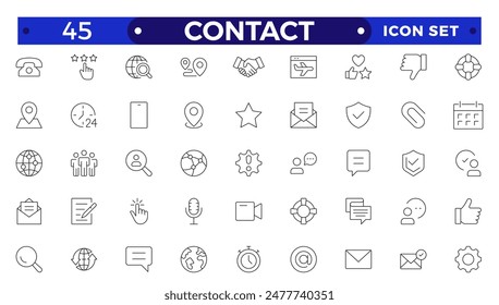 Contact outline Icons.Contact symbols - Phone, mail, fax, info, e-mail, support.Containing e-mail, phone, address, customer service, call, website and more. 
