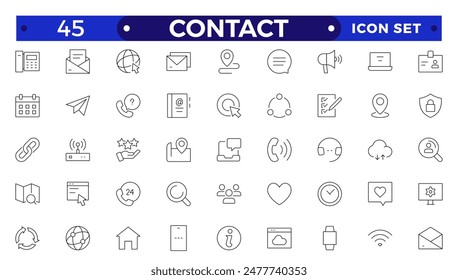 Contact outline Icons.Contact symbols - Phone, mail, fax, info, e-mail, support.Containing e-mail, phone, address, customer service, call, website and more. 
