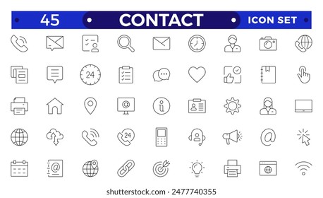 Contact outline Icons.Contact symbols - Phone, mail, fax, info, e-mail, support.Containing e-mail, phone, address, customer service, call, website and more. 
