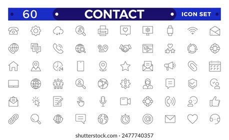 Contact outline Icons.Contact symbols - Phone, mail, fax, info, e-mail, support.Containing e-mail, phone, address, customer service, call, website and more. 
