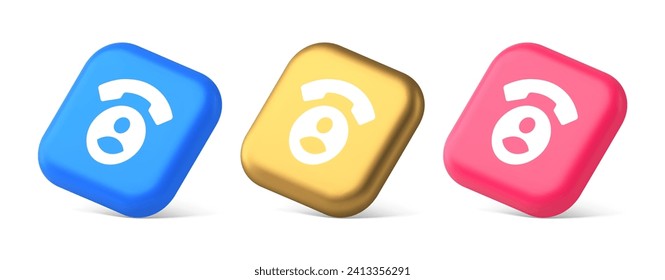 Contact phone call voice communication button dialog assistance helpline consulting 3d realistic blue gold and pink icons. Telephone personal information technology web app design
