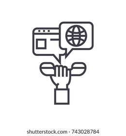 contact phone in hand with chat concept vector thin line icon, symbol, sign, illustration on isolated background