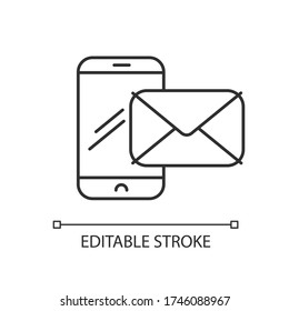 Contact pixel perfect linear icon. Receive message on phone. Send email from smartphone. Thin line customizable illustration. Contour symbol. Vector isolated outline drawing. Editable stroke