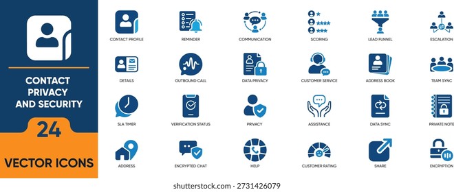 Contacto Conjunto de iconos planos de privacidad y seguridad. Contiene contactos, fax, comunicaciones, correo electrónico, información y más. Sólido vector editable iconos colección.
