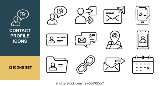 Contact profile communication identity line icon set