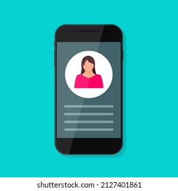 Contact profile in mobile phone. Account with avtar on smartphone screen. Id profile with details in mobile phone. My account in cellphone. Icon of digital hotline and consultant. Vector.