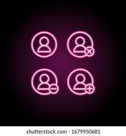 Contacte, quite, más, elimine icono de neón de signo. Línea delgada simple, contorno vectorial de iconos web para ui y ux, sitio web o aplicación móvil