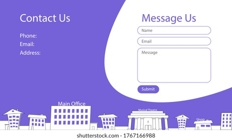 Contact screen concept for website with cartoon city silhouette. Form of sending messages. Vector blue templates for website design. UI, UX, GUI. EPS 10.