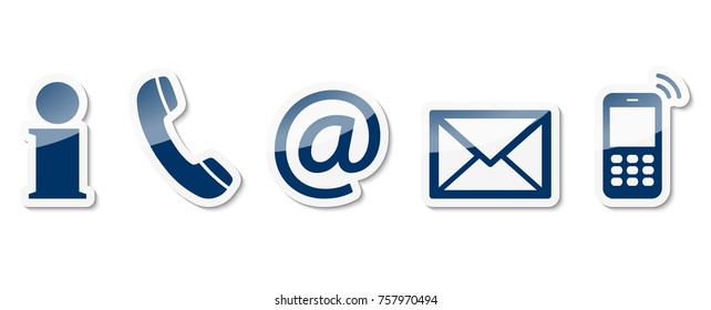 Contact set of blue colored icons with white frame and reflection