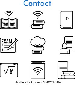 contact set. included exam, cloud library, study, audiobook, ebook, online-learning, maths, book icons. linear styles.