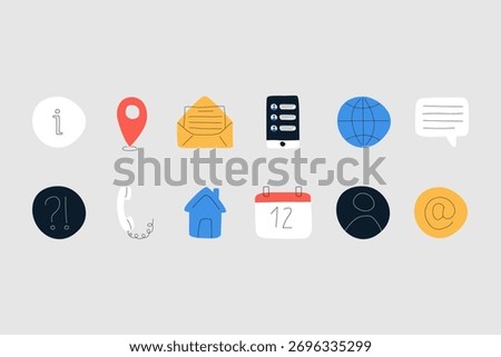 Contact sign vector set. Hand-drawn contact icon set. Doodle business contact vector set. 