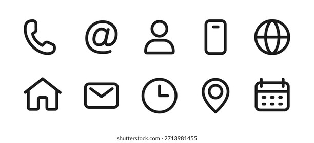 Contacto conjunto de iconos de línea simple. Casa, teléfono, usuario, correo electrónico, calendario, hora, globo, símbolos de ubicación