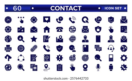 Contact solid Icons.Contact symbols - Phone, mail, fax, info, e-mail, support.Containing e-mail, phone, address, customer service, call, website and more. 
