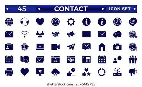 Contact solid Icons.Contact symbols - Phone, mail, fax, info, e-mail, support.Containing e-mail, phone, address, customer service, call, website and more. 
