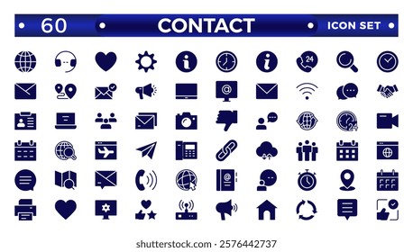 Contact solid Icons.Contact symbols - Phone, mail, fax, info, e-mail, support.Containing e-mail, phone, address, customer service, call, website and more. 
