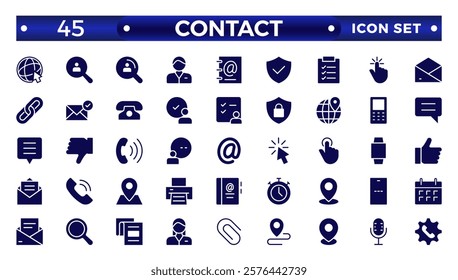 Contact solid Icons.Contact symbols - Phone, mail, fax, info, e-mail, support.Containing e-mail, phone, address, customer service, call, website and more. 
