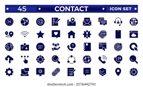 Contact solid Icons.Contact symbols - Phone, mail, fax, info, e-mail, support.Containing e-mail, phone, address, customer service, call, website and more. 
