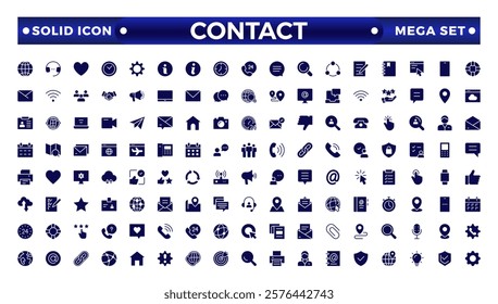 Contact solid Icons.Contact symbols - Phone, mail, fax, info, e-mail, support.Containing e-mail, phone, address, customer service, call, website and more. 
