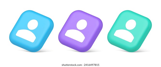 Contact staff call button corporate member communication chat internet service 3d realistic blue purple and green icons. Social network account user avatar navigation panel