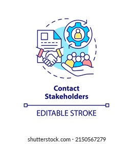 Contact Stakeholders Concept Icon. Partnership. Step Of Stakeholder Relations Abstract Idea Thin Line Illustration. Isolated Outline Drawing. Editable Stroke. Arial, Myriad Pro-Bold Fonts Used