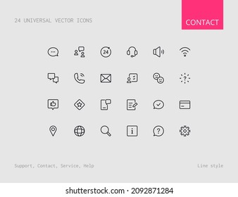 Contact, Support and Help web icon set. Line style icons. Vector illustration.