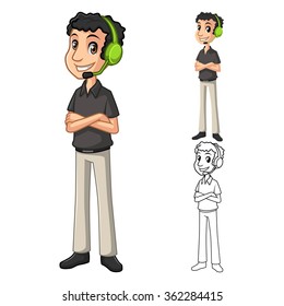 Contact Support Man with Head Phone and Folded Arms Pose Cartoon Character Include Flat Design and Line Art Version Vector Illustration