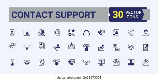 Ícone relacionado ao Suporte do Contato. Apresentando chamada, localização, contato, endereço, mensagem, chat, telefone e muito mais. ícone Fale conosco definido. Ícones lineares minimalistas. Pixel perfeito. Ilustração vetorial.