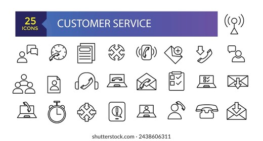 contact and support thin line icons. Contains icons as phone call, customer. Set of Help and Support Related Vector Line Icons.