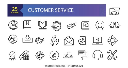 contact and support thin line icons. Contains icons as phone call, customer. Set of Help and Support Related Vector Line Icons.