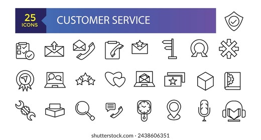 contact and support thin line icons. Contains icons as phone call, customer. Set of Help and Support Related Vector Line Icons.