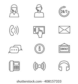 Contact or support vector line icons. Communicate helpline and online support, help operator and communication outline signs