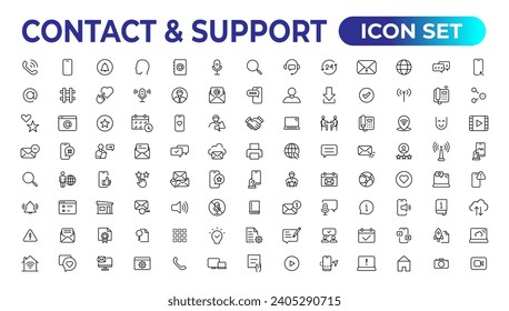 Contact and support web icons in line style. Web and mobile icon. Chat, support, message, phone. Vector illustration.
