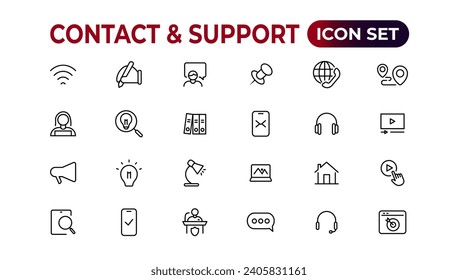 Contact and support web icons in line style. Web and mobile icon. Chat, support, message, phone. Vector illustration.
