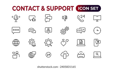 Contact and support web icons in line style. Web and mobile icon. Chat, support, message, phone. Vector illustration.
