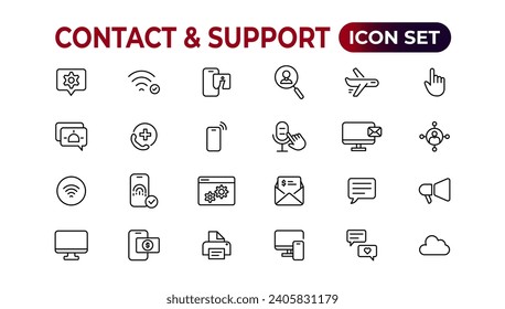 Contact and support web icons in line style. Web and mobile icon. Chat, support, message, phone. Vector illustration.
