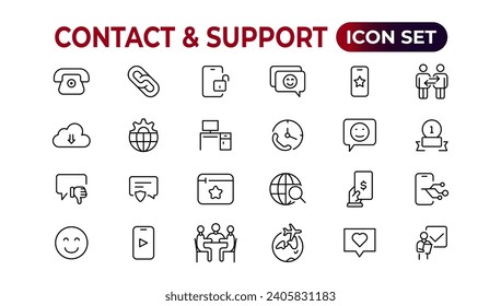Contact and support web icons in line style. Web and mobile icon. Chat, support, message, phone. Vector illustration.
