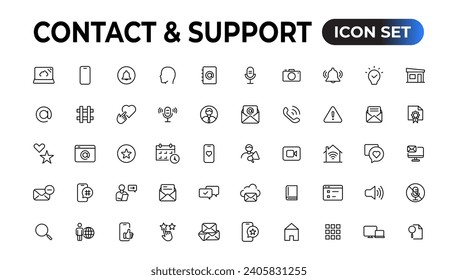 Contact and support web icons in line style. Web and mobile icon. Chat, support, message, phone. Vector illustration.
