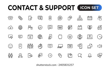Contact and support web icons in line style. Web and mobile icon. Chat, support, message, phone. Vector illustration.

