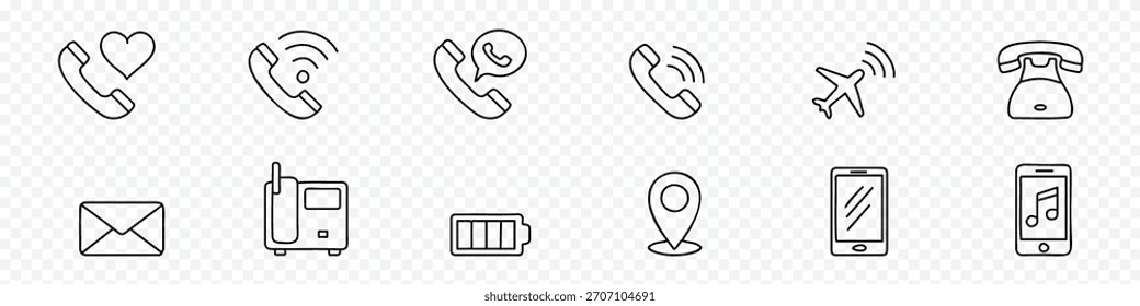 Contact, technology and communication device line icon set – editable outline symbols of Phone, call, mobile, landline, message, travel, devices, battery and location