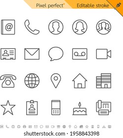 Contact thin icons. Pixel perfect. Editable stroke.
