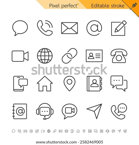 Contact thin icons. Pixel perfect. Editable stroke.