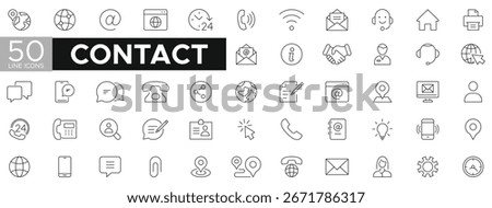 Contact thin line editable stroke icons set. Phone, website, email, message, chat, address, Web, and mobile icon call us, and more. Editable stroke Vector illustration