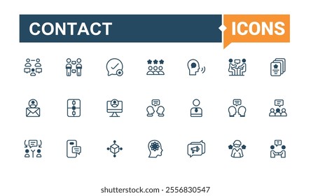 Contact thin line icon set. Related to address, message, 5on, page, support, mobile, calendar, business. Editable vector outline and solid icons.